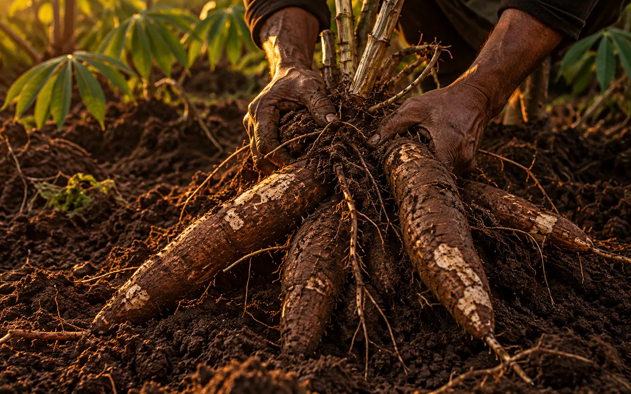 Manos cubiertas de tierra sostienen raíces de yuca recién sacadas del huerto.
