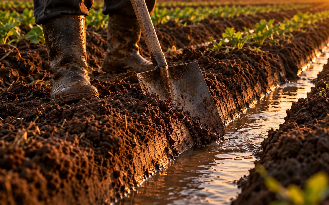 Pala junto a una acequia de tierra con agua y las botas de un trabajador.