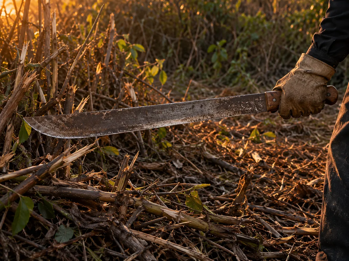Mano con guante sostiene un machete sobre tallos cortados al borde del campo.