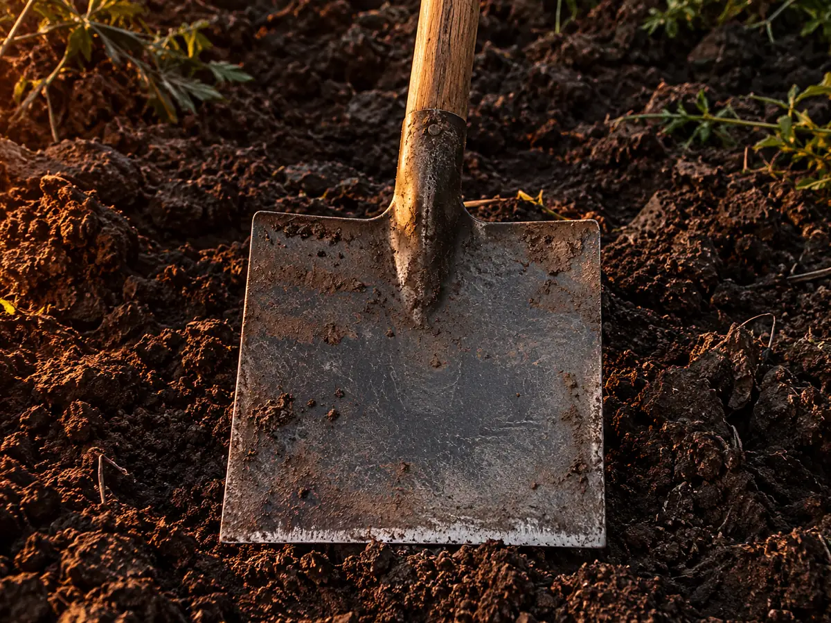 Pala de hoja rectangular y borde recto con mango de madera sobre tierra oscura.